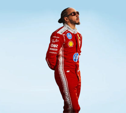 Own the Lewis Hamilton Ferrari F1 Racing Suit 2026. Premium replica race suit featuring authentic team graphics, Ferrari branding, and professional motorsport styling.