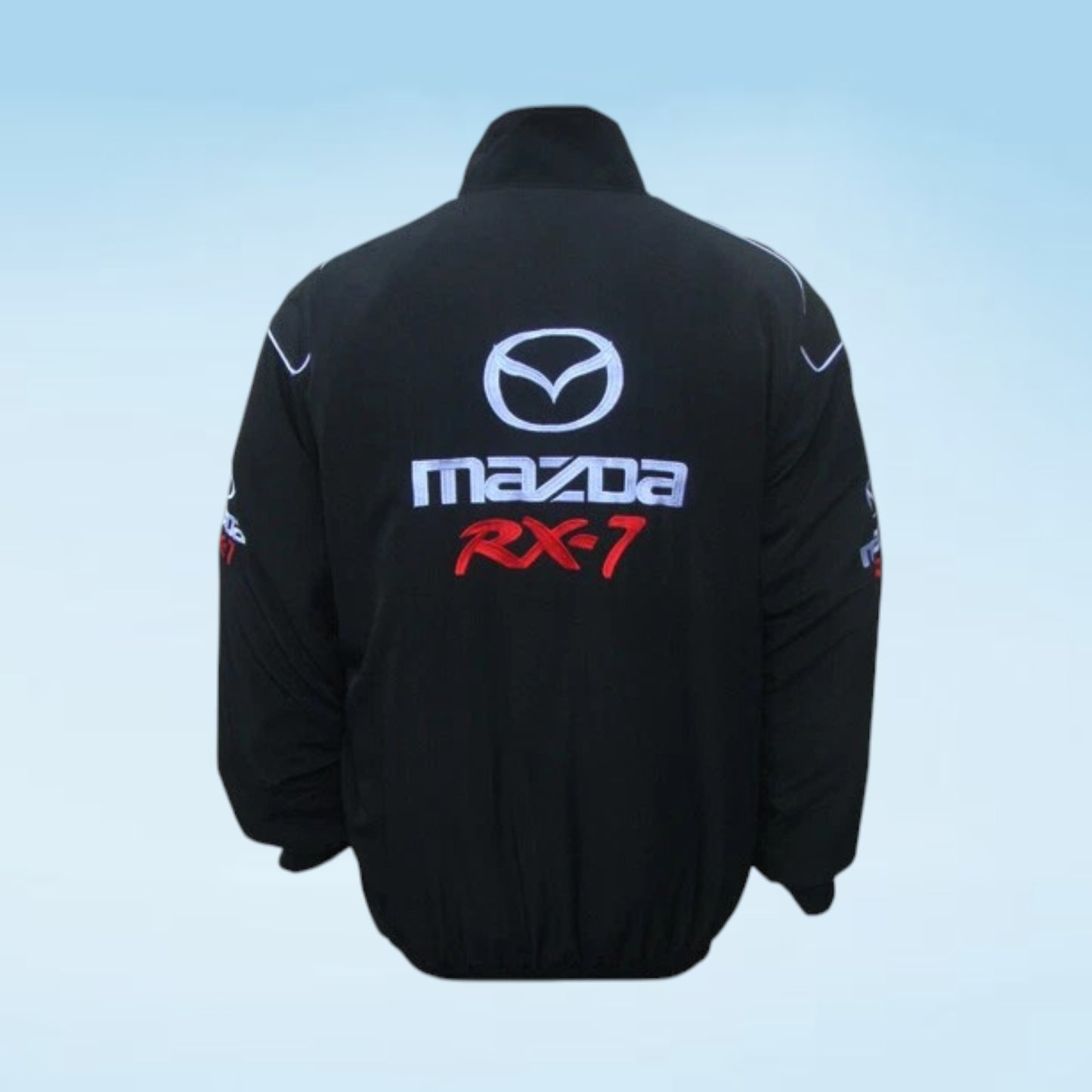Mazda RX-7 Racing Jacket in black with bold motorsport styling. Perfect for RX-7 fans, JDM enthusiasts, car meets, racing events, and everyday wear.