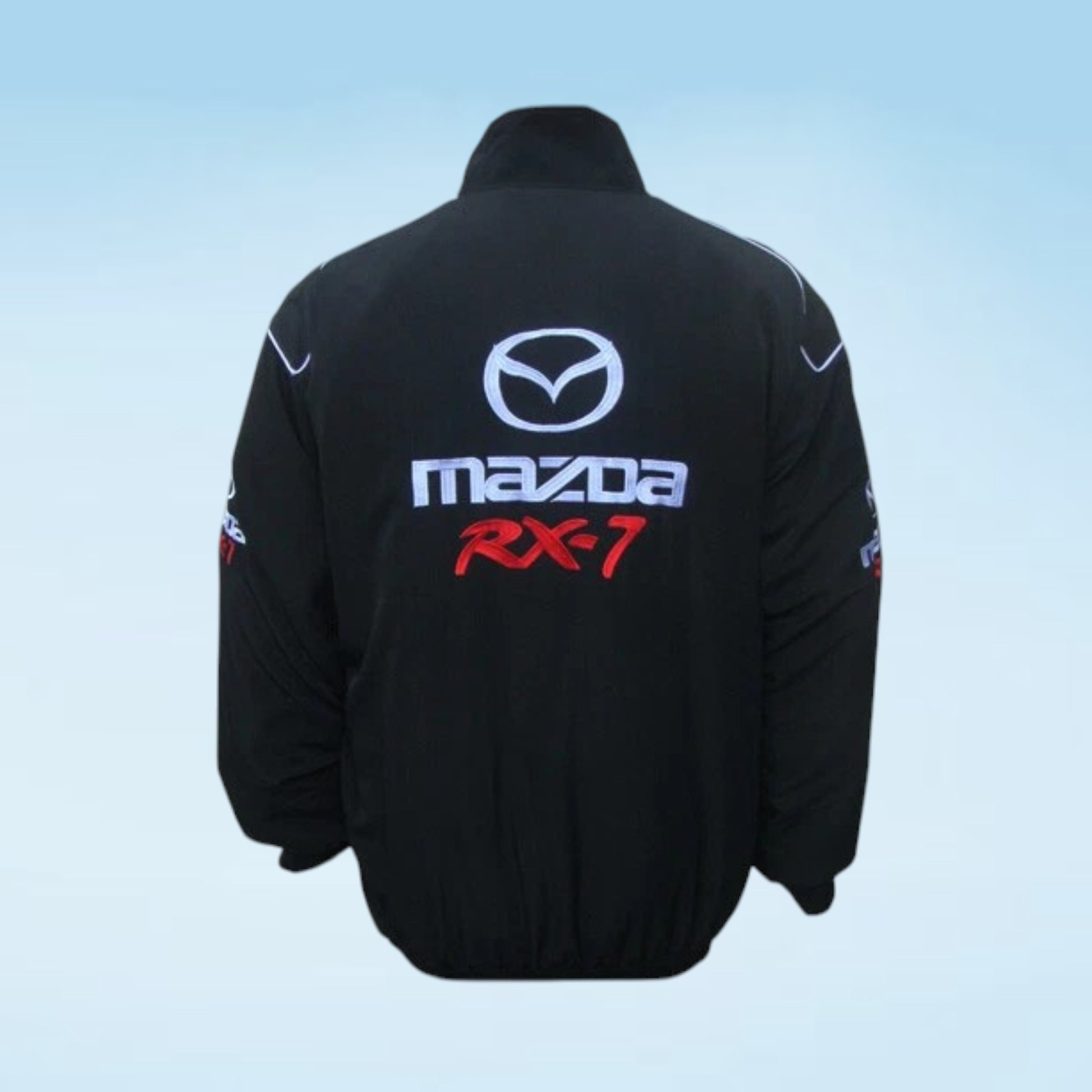 Mazda RX-7 Racing Jacket in black with bold motorsport styling. Perfect for RX-7 fans, JDM enthusiasts, car meets, racing events, and everyday wear.
