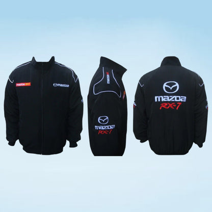 Shop the Mazda RX-7 Racing Jacket in black, featuring a bold motorsport design for RX-7 fans, car enthusiasts, JDM lovers, and racing fans.