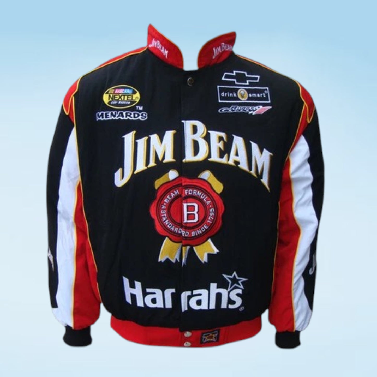 A black Jim Beam racing jacket with red and white side panels, featuring large white 'JIM BEAM' lettering, a red and gold circular emblem, and sponsor logos including Harrah's, Chevrolet, and Drivensmart on a light blue gradient background.