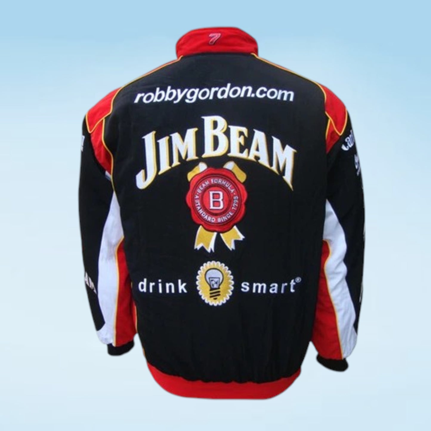 Back view of a black, red, and white racing jacket featuring 'JIM BEAM' and 'robbygordon.com' sponsor graphics, shown against a light blue gradient background.