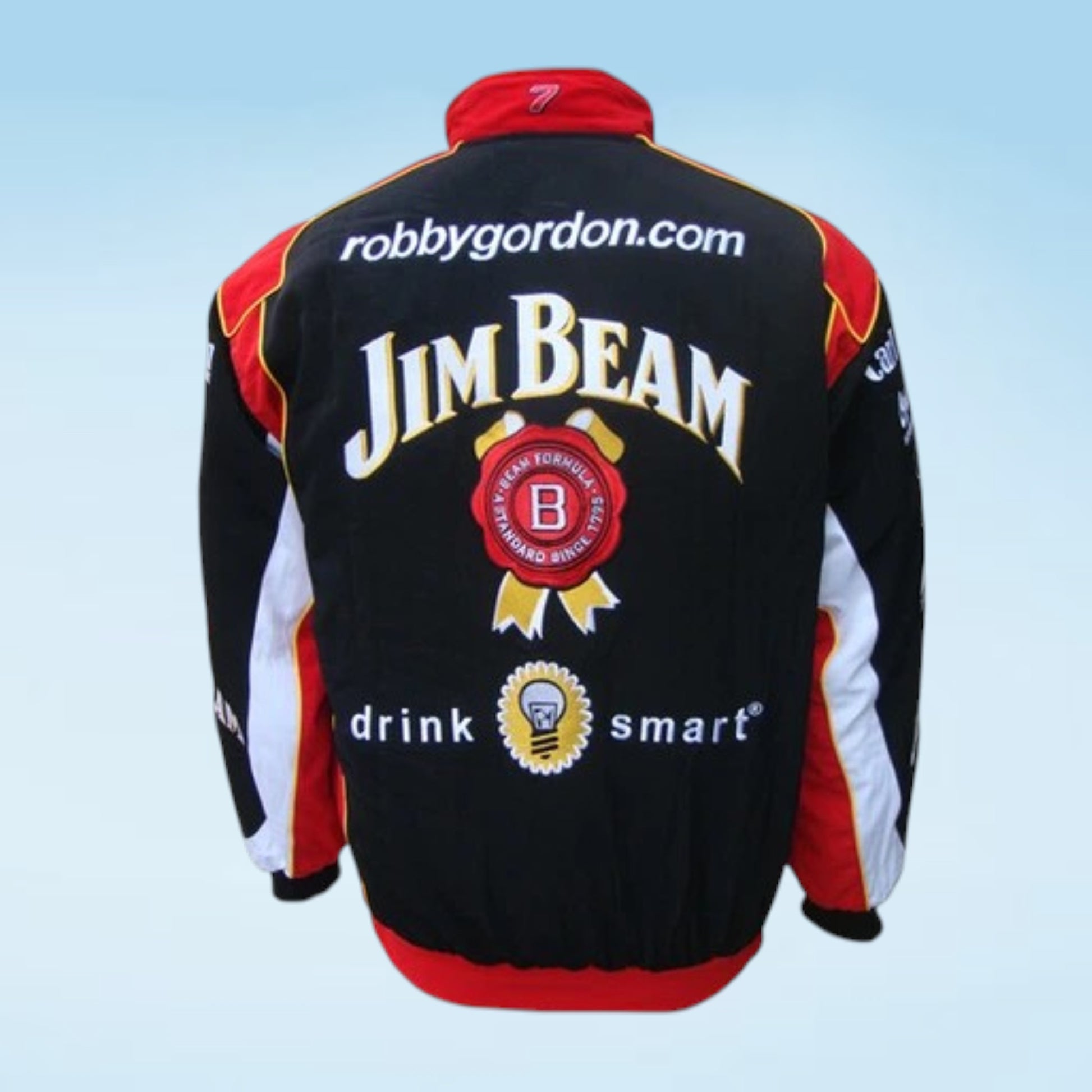 Back view of a black, red, and white racing jacket featuring 'JIM BEAM' and 'robbygordon.com' sponsor graphics, shown against a light blue gradient background.