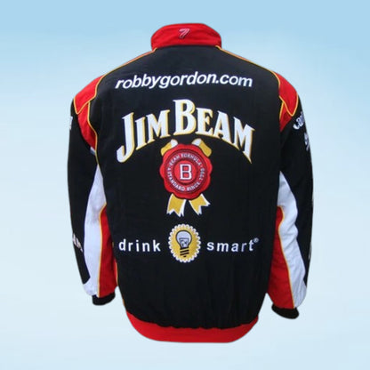Back view of a black, red, and white racing jacket featuring 'JIM BEAM' and 'robbygordon.com' sponsor graphics, shown against a light blue gradient background.