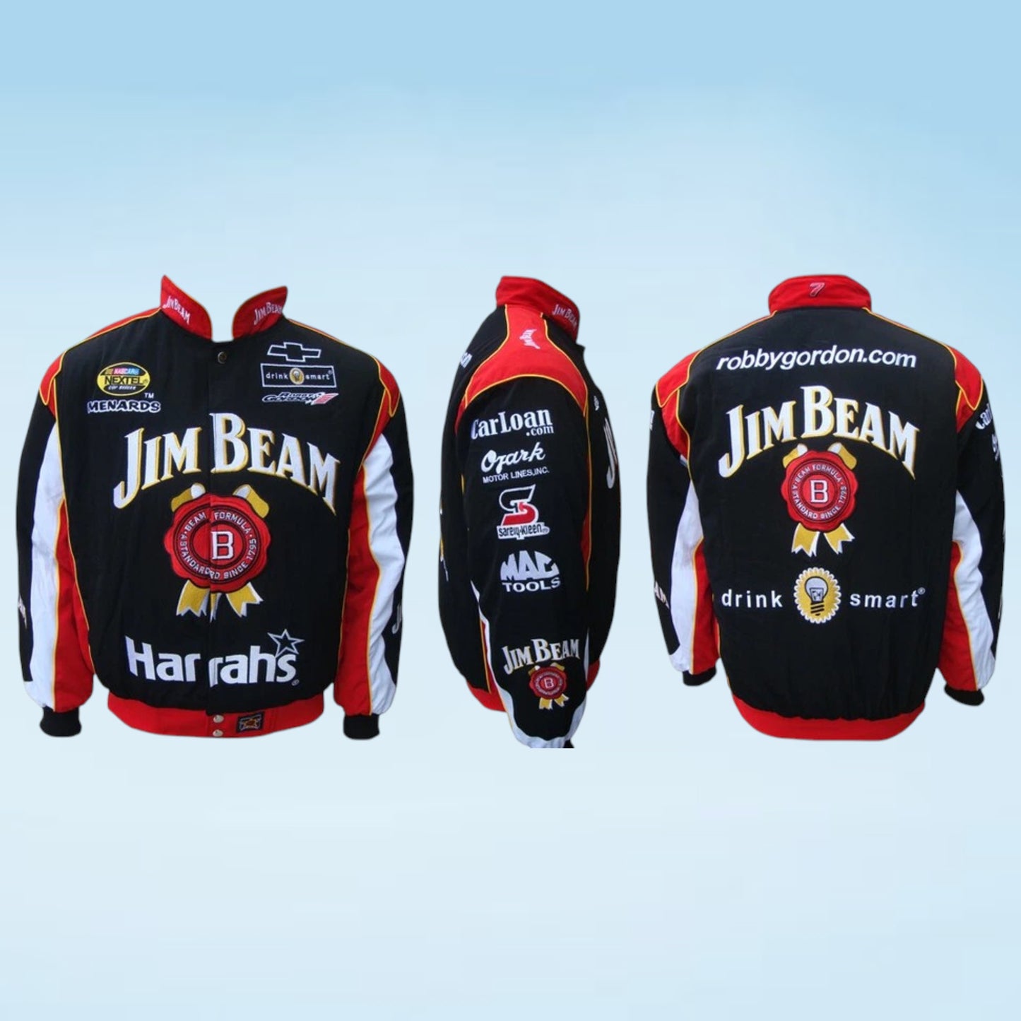 Three views of a black and red Jim Beam racing jacket with various sponsor logos, shown against a light blue gradient background.