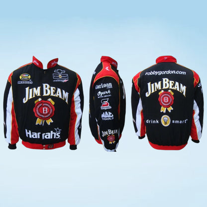 Three views of a black and red Jim Beam racing jacket with various sponsor logos, shown against a light blue gradient background.