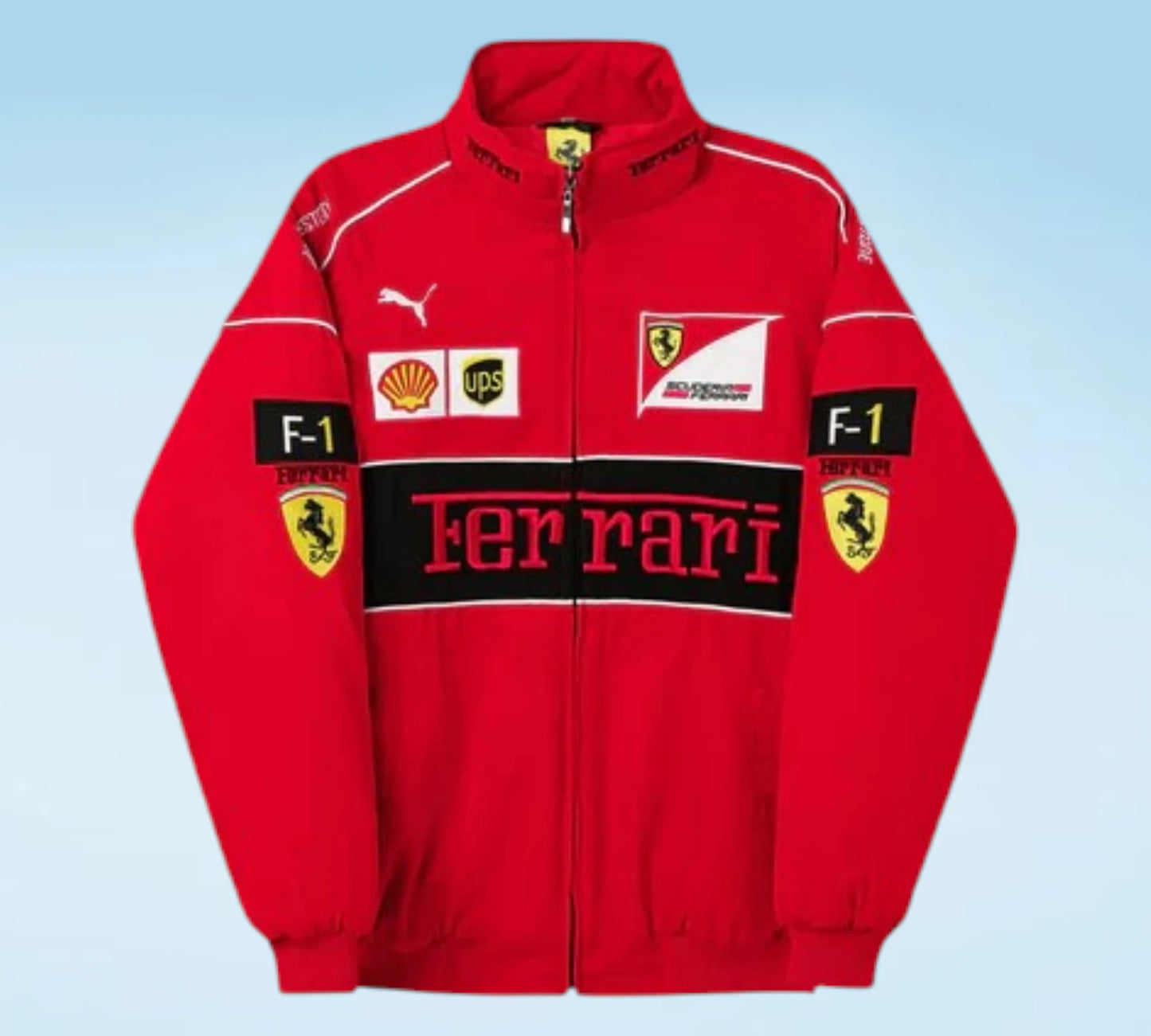 Red Ferrari jacket with various logos on a light blue background