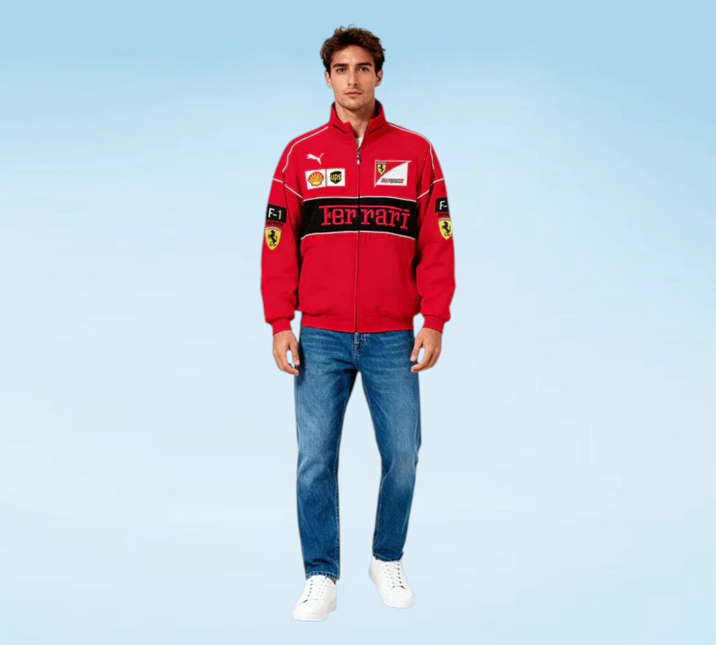 Person wearing a red Ferrari tracksuit on a light blue background