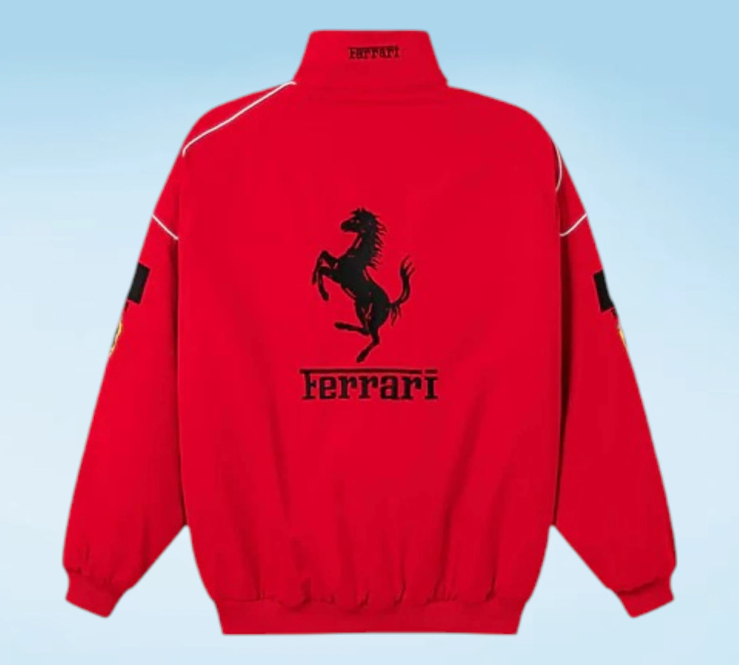 Red Ferrari jacket with black logo on a light blue background