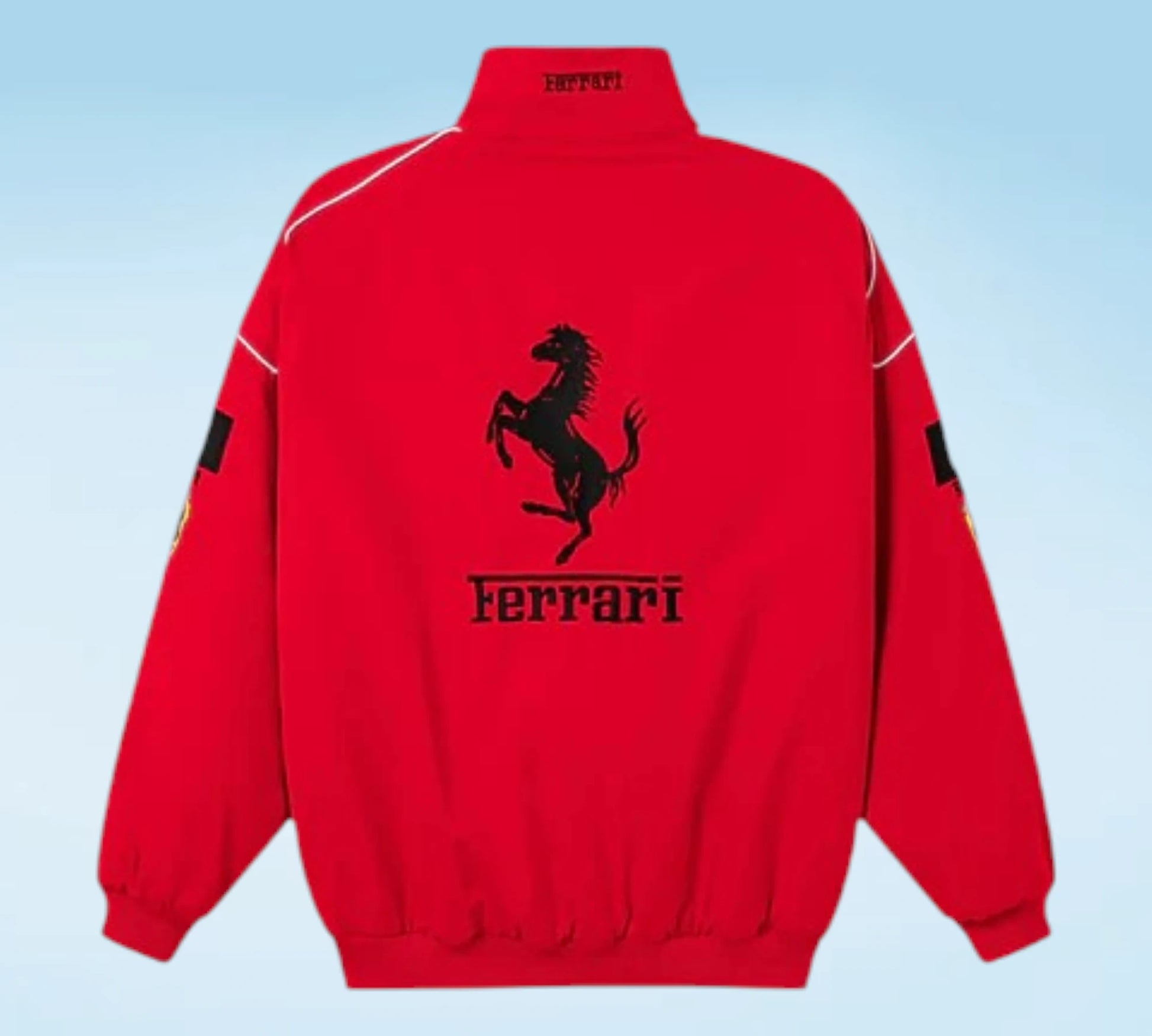 Red Ferrari jacket with black logo on a light blue background