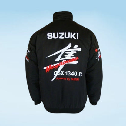 Black Suzuki Hayabusa GSX 1340 R jacket shown from the back, featuring large white and red graphics and branding on a light blue gradient background.
