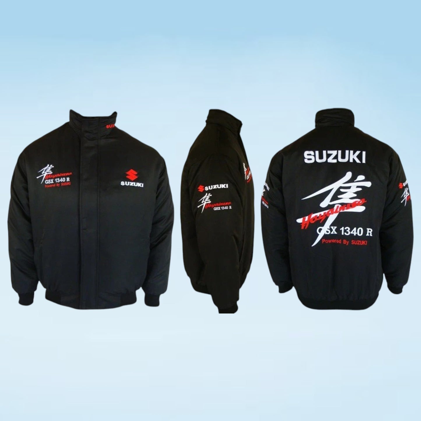 Three views of a black Suzuki Gax 1340 R jacket on a light blue gradient background, showing the front, side, and back with Suzuki branding and graphics.