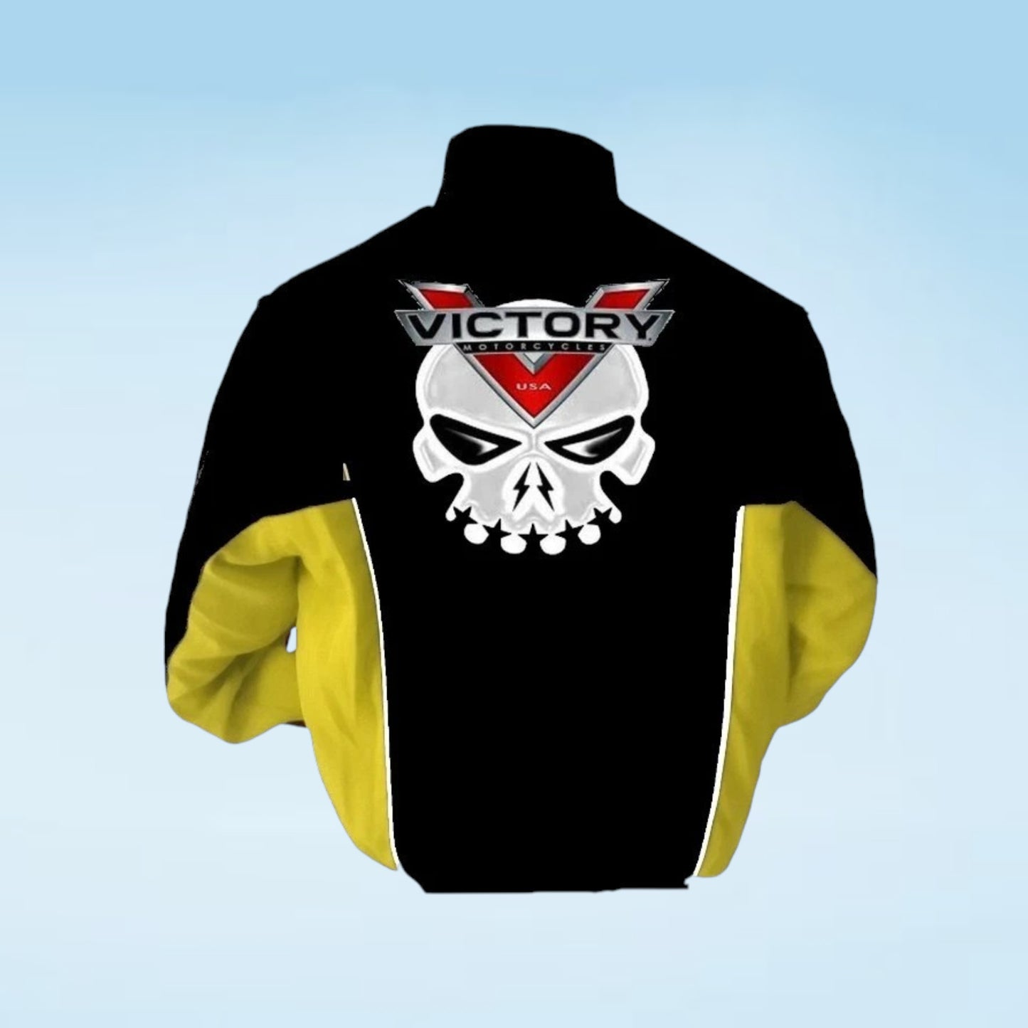 A black jacket with bright yellow sleeves and a large white skull graphic on the back, featuring the text 'VICTORY USA' above the skull.