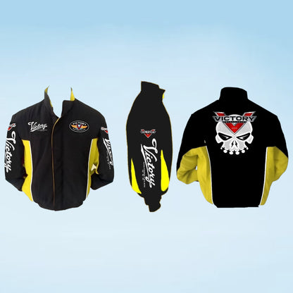 Three views of a black and yellow racing jacket with 'Victory' branding, shown on a light blue gradient background.