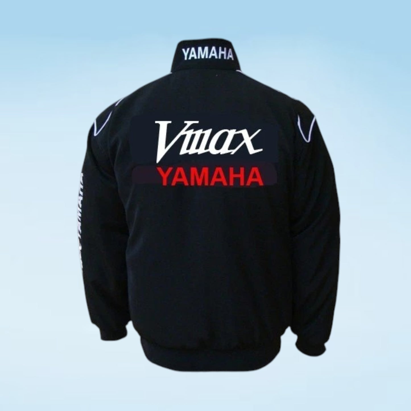 Black Yamaha jacket shown from the back, featuring a large white 'Vmax' logo and red 'YAMAHA' text on the back, with white branding on the collar and sleeves.