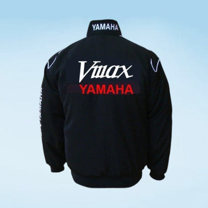 Black Yamaha jacket shown from the back, featuring a large white 'Vmax' logo and red 'YAMAHA' text on the back, with white branding on the collar and sleeves.