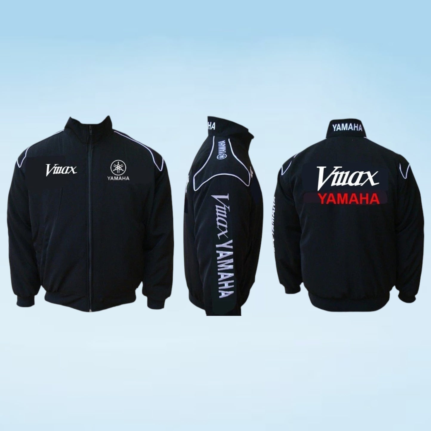 Black Yamaha Viivax jacket shown from the front, back, and side views on a light blue gradient background. The jacket features white and red branding, including the Yamaha logo and Viivax text.